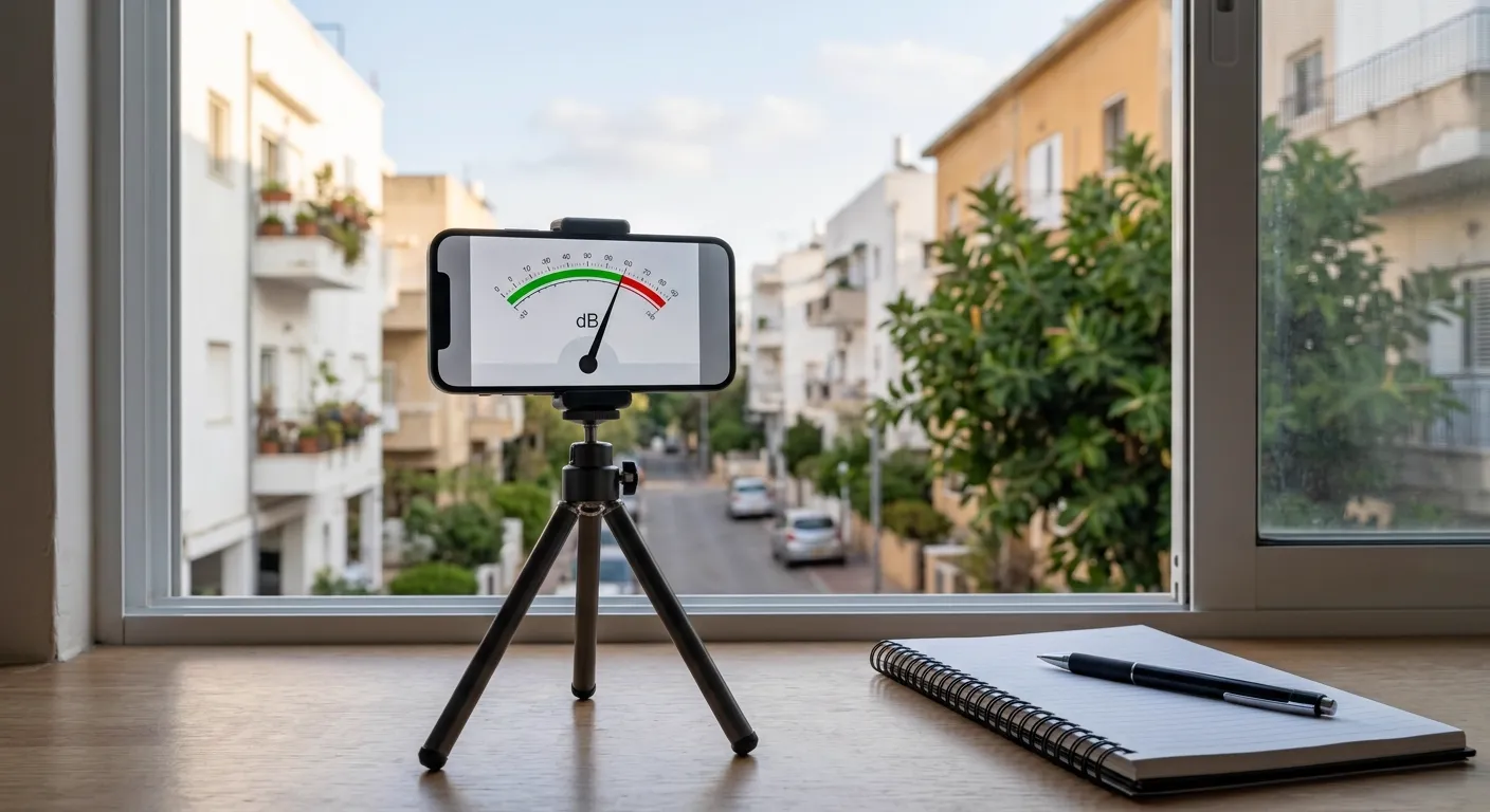 תיעוד רעש הבסיס בבית — מדידת אינדיקציה בחלון הסלון