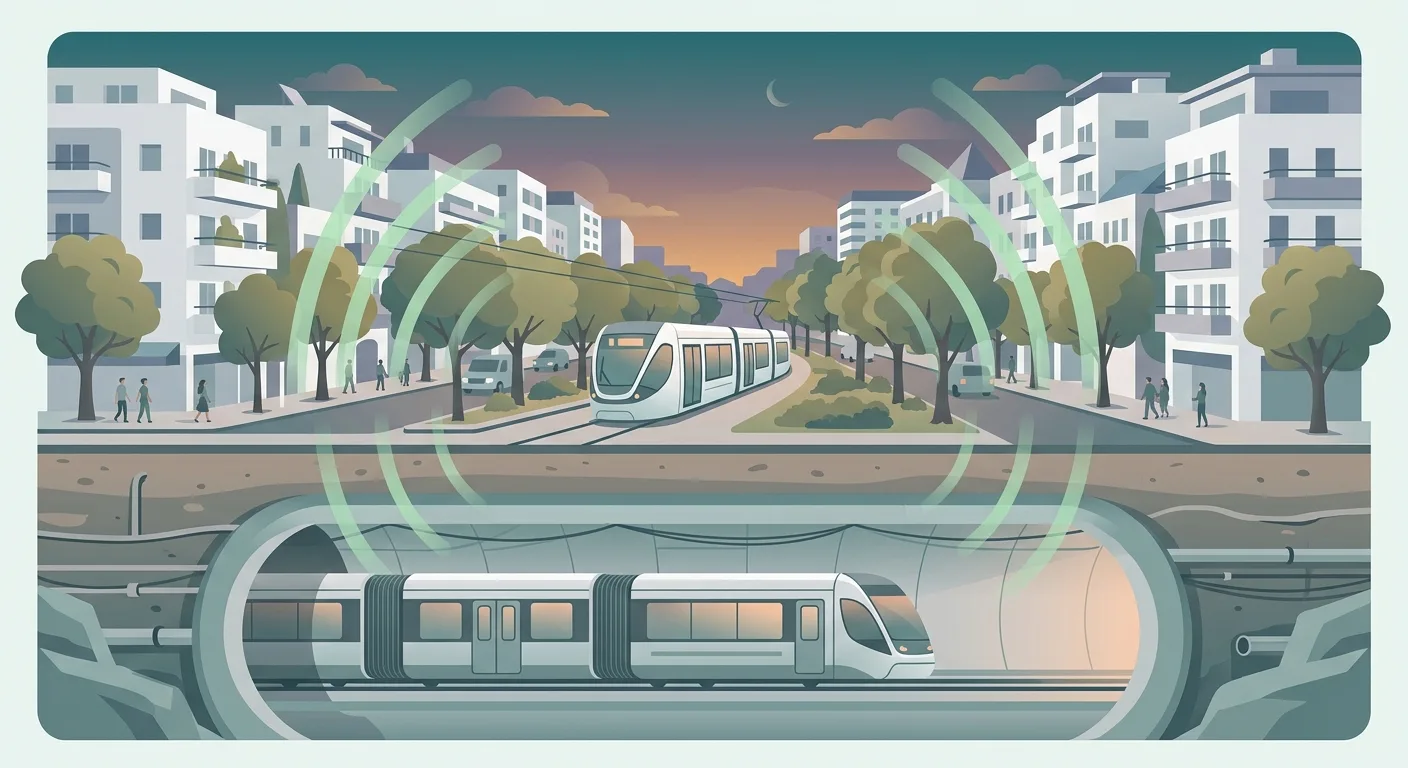 רכבת קלה על פני הקרקע ומטרו במנהרה מתחתיה — שני מקורות רעש שונים באותה עיר