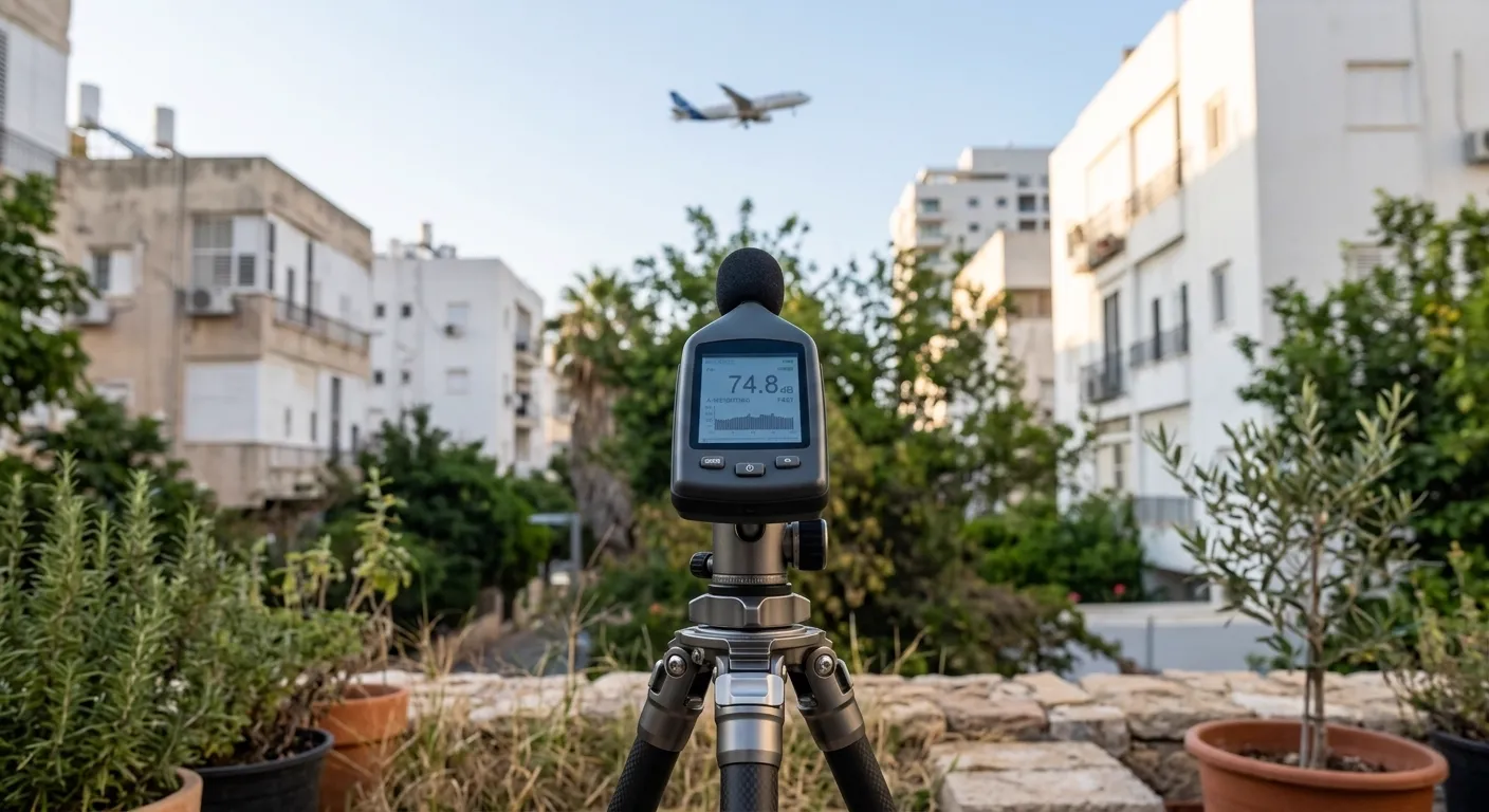 מד רעש מקצועי על חצובה מודד רעש מטוסים בשכונת מגורים בזמן חלוף מטוס מעל הבתים